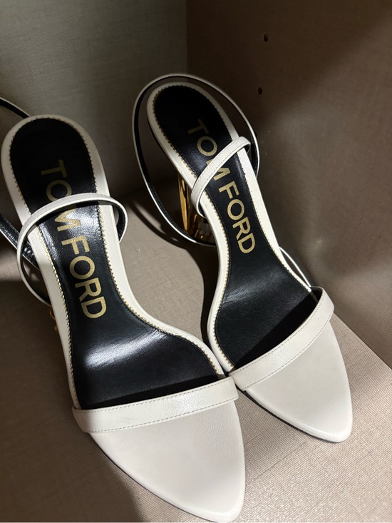 Tom Ford Shoes - Tom Ford White Leather Pointed-Toe Mid-Heel Sandals with Gold Heel